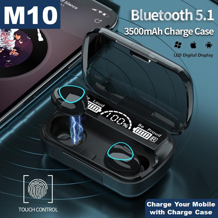 M10 TWS Bluetooth 5.1 Earphones, Waterproof, Touch Control, LED Display, Deep Bass