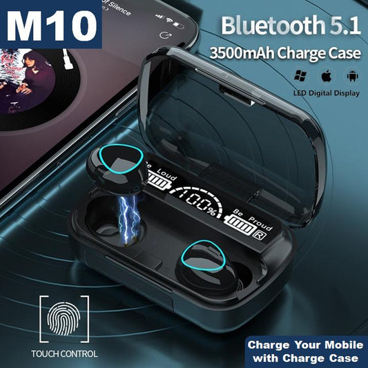 M10 TWS Bluetooth 5.1 Earphones, Waterproof, Touch Control, LED Display, Deep Bass